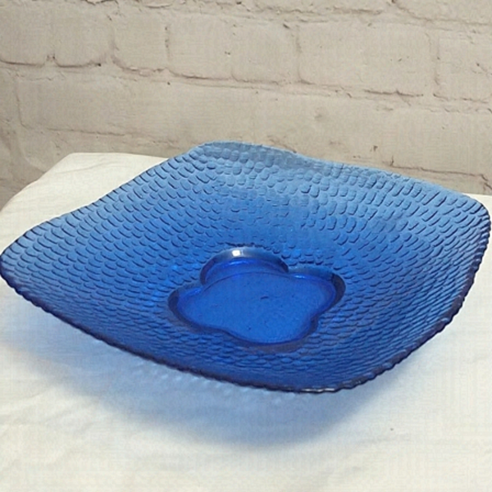 VINTAGE Cobalt Blue Bubble Dimple Glass Serving Square Plate Dish shallo…